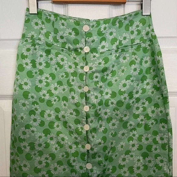 𝅺SANDRO Paris Silk & Linen Green Long Floral Print Botton Skirt with slit 0 - Picture 5 of 12